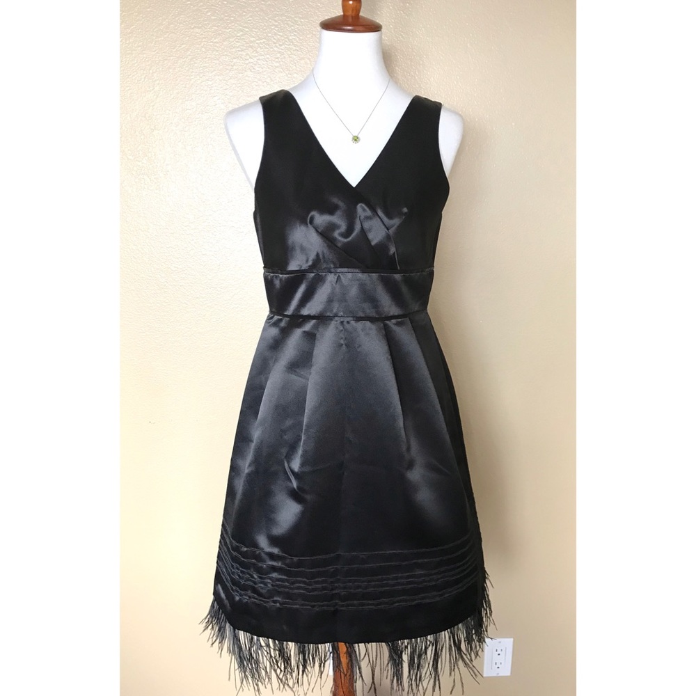 Max and Cleo Dress Black with Feathers at hem